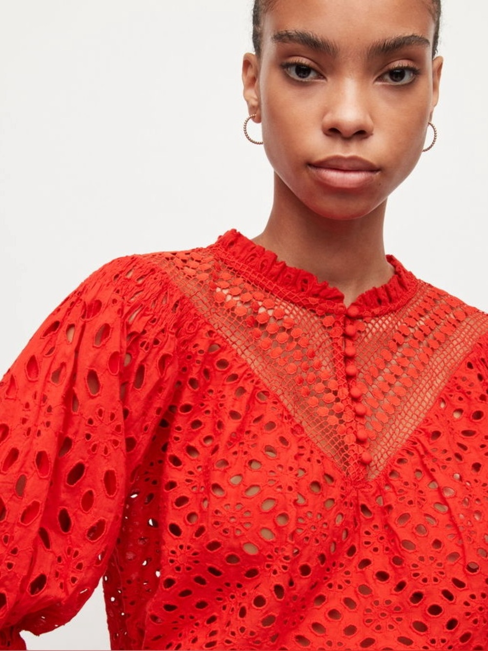 All Saints Tila Broderie Lace Top Red Womens Size 8 EUC Cotton Embellished